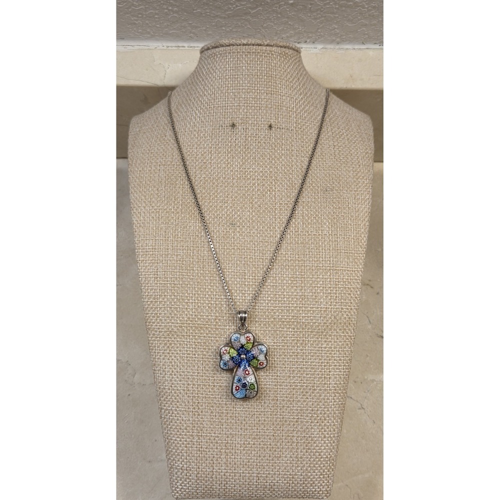 Vintage‎ Millefiori Sterling Silver Cross Pendant 20" Sterling Box Chain Murano